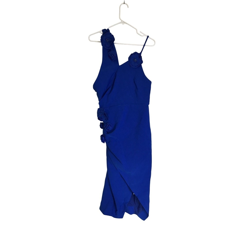 FEHAUTE Women's Blue One Shoulder Floral Applique Cocktail Midi Dress Size M NWT